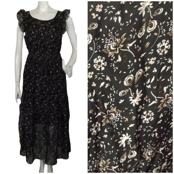 new LE RAGAZZE Maxi Dress, XS, Black, White/brown floral print, Ruffle shoulder - Picture 1 of 12